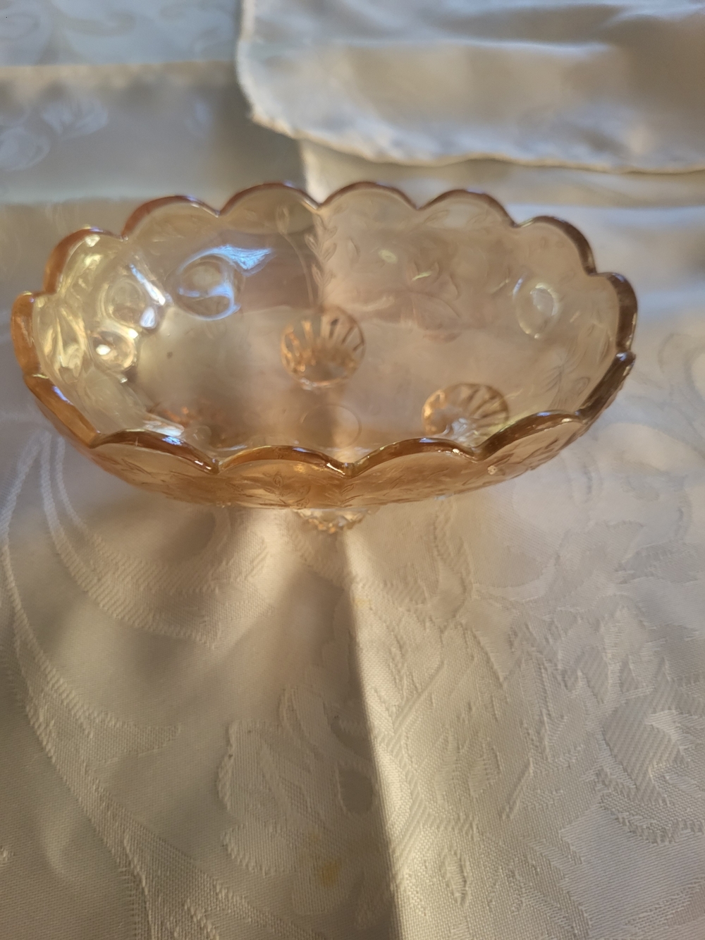 Vintage Orange Marigold Carnival Glass Oval Footed Open Candy Dish Scalloped Edg